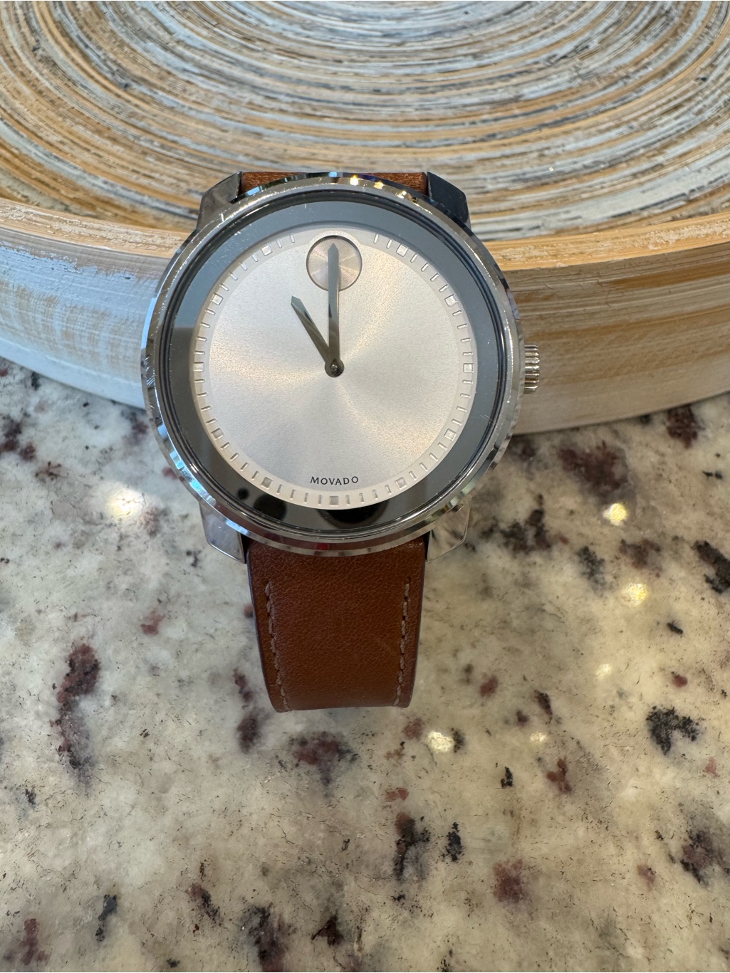 Movado Silver Dial Watch With Brown Leather Strap